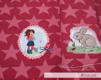 Jersey-Stoff mit Mädchen Sternen und süssem Hasen Zwergkaninchen in beere rot "bunny love #mauve" (1 Panel 0,65 m) v. mamasliebchen