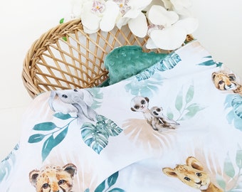 Baby blanket - Water green Bohemian Jungle Animals - Jade Green minky - personalization