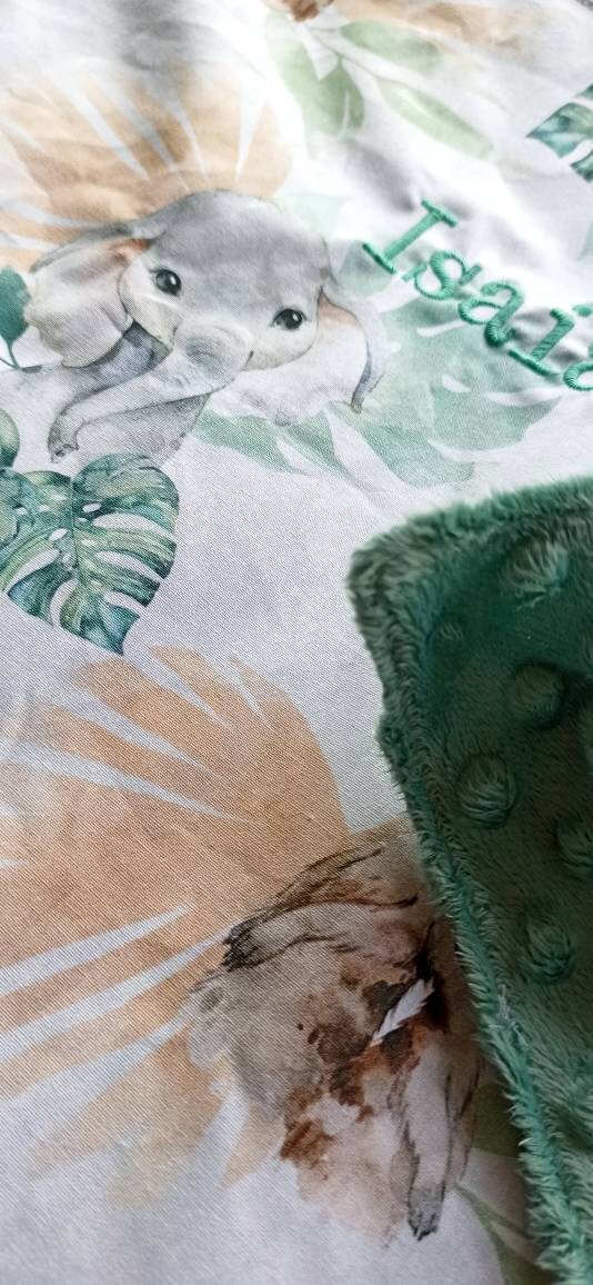 Couverture bébé Animaux Jungle Bohèmes vert d'eau minky Vert Jade  personalisation -  France