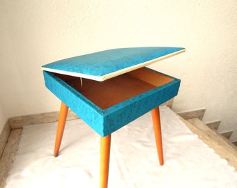 Hocker Vintage zum öffnen 50er Jahre Beistellhocker Küchenhocker Schemel blau Waschküchenhocker Bänkchen Stühlchen 1950er 1960er Holz