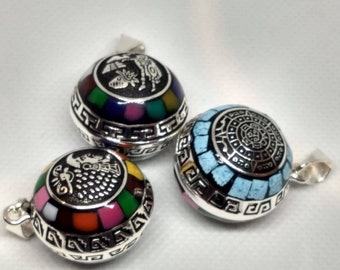 THREE Aztec Calendar Taxco Silver Harmony Balls(Bola Pendants) three for de price