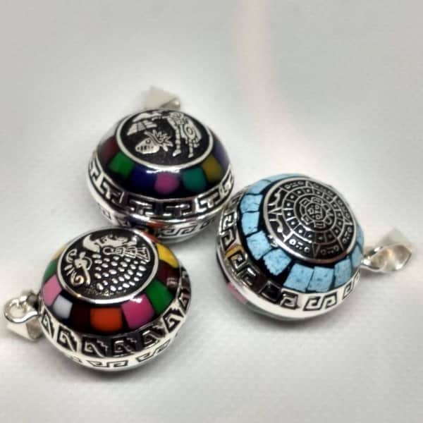 THREE Aztec Calendar Taxco Silver Harmony Balls(Bola Pendants) three for de price