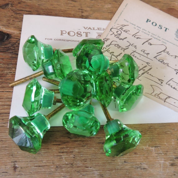 Set Of Six Green Glass Drawer Pulls Nos