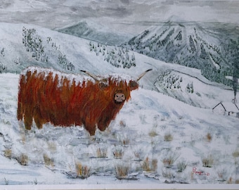 Highland Cow Card, Scottish Cow A5 Card, Longhorn Cow, Wooly Cow, Cute Animal Card. Red Cow, Highland Cattle. Highland cow in snow.