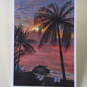 Puesta de sol de Barbados, impresión/tarjeta firmada. Postales de Felicitaciones de Cuadros Originales en Acrílico, Día de la Madre.