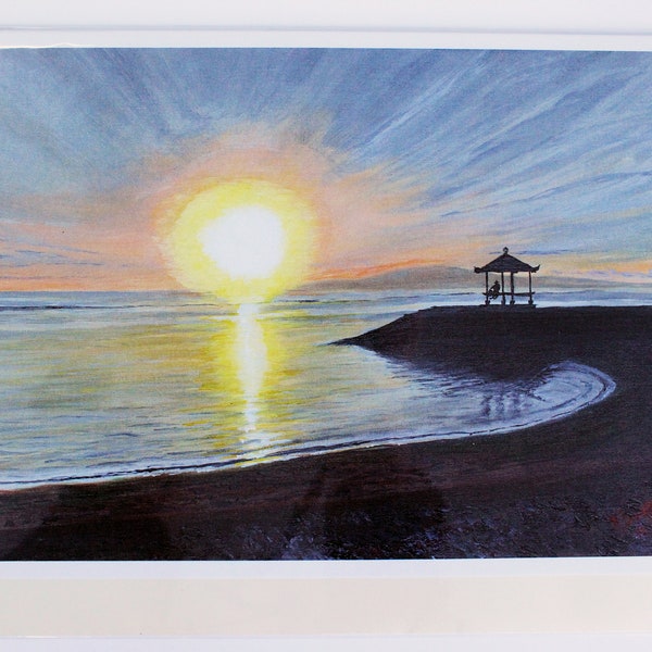 Bali Sunrise, Sanur, Impression signée/Carte de vœux de mes peintures acryliques originales, mères, fête des pères, anniversaires, action de grâces