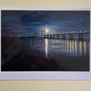 Seconda carta di Severn Crossing. Biglietto del giorno di San Davide. Carta del ponte Severn. Pittura al chiaro di luna del ponte Principe di Galles.
