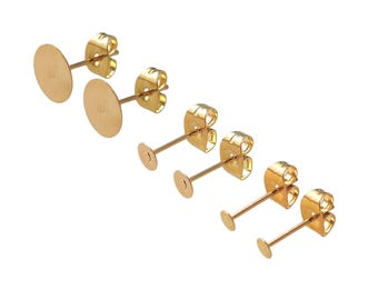100pcs Stainless Steel Gold Plate Flat Pad Earring Studs with backs 3/4/5/6/8/10/12mm Flat Back Blank Earring Posts Findings Glue On Posts