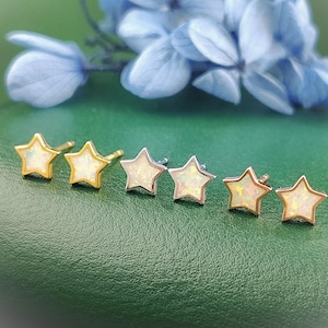 May include: A collection of star-shaped stud earrings in gold, silver, and rose gold. Each earring features a white opal center. The earrings are displayed on a green surface with blue flowers in the background.