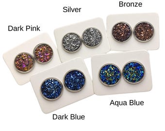 Stainless Steel Druzy Stud Earrings, Hypoallergenic, 12mm