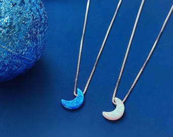 Opal moon Necklace Fire Opal Crescent Moon Charm Pendant Sterling Silver Box Necklace 43+5cm /17+2 inches extension 0.8mm Width Box Chain