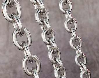 Stainless Steel Chunky Oval Link Chain By Meter, Waterproof Bold Rolo Cable Chain Wholesale Mens Unisex Jewelry Gift 8mm, 9mm, 12mm