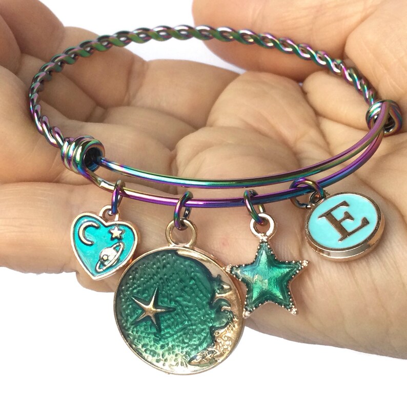 Rainbow Anodised Stainless Steel Adjustable Braided Wire Bangle Bracelet Enamel Beach Heart Star Charms Bracelet