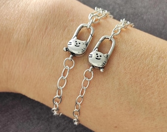 Sterling Silber Niedliche Katze Drücken im Federverschluss Oval Kette Armband Karabinerverschluss Büroklammer Verschluss Armband Geschenk für Sie 20 cm lang