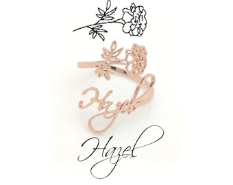 Personalized Birth Month Flower Ring, Custom Name Initial Signet Rings, Adjustable Stainless Steel Jewelry, Aesthetic Teen Girl Gift Idea