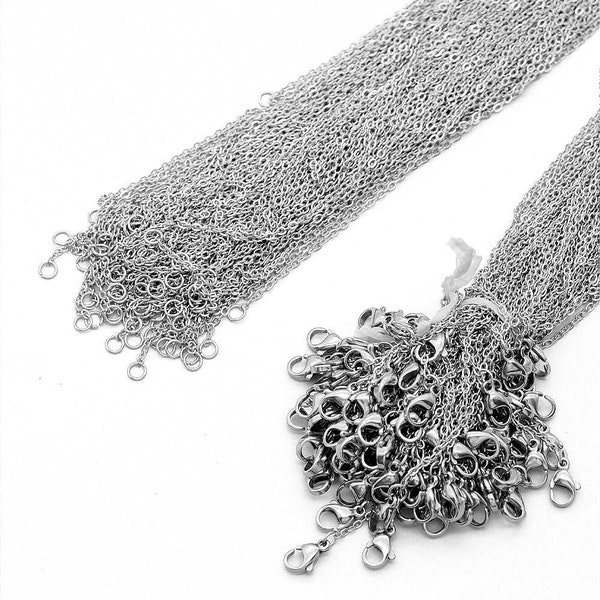 Bulk 100pcs pcs Stainless Steel Classic Dainty Flat Cable Link Chain Necklace Lobster Clasp for Women Men apx. 16/18/20/22/24/26/28/32 in