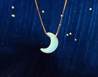 Opal moon Necklace Fire Opal Crescent Moon Charm Pendant Sterling Silver Box Necklace White, Blue, Dark Blue Options 0.65mm chain width