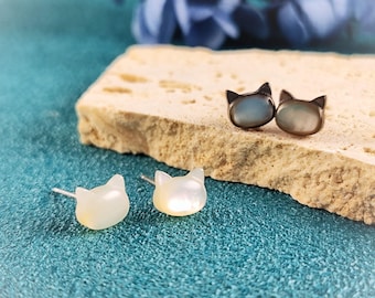 Hand carved White and Black Cat Mother of Pearl Stud Earrings Animal Sterling Silver Post Stud Earrings, Natural Mother of Pearl Earrings