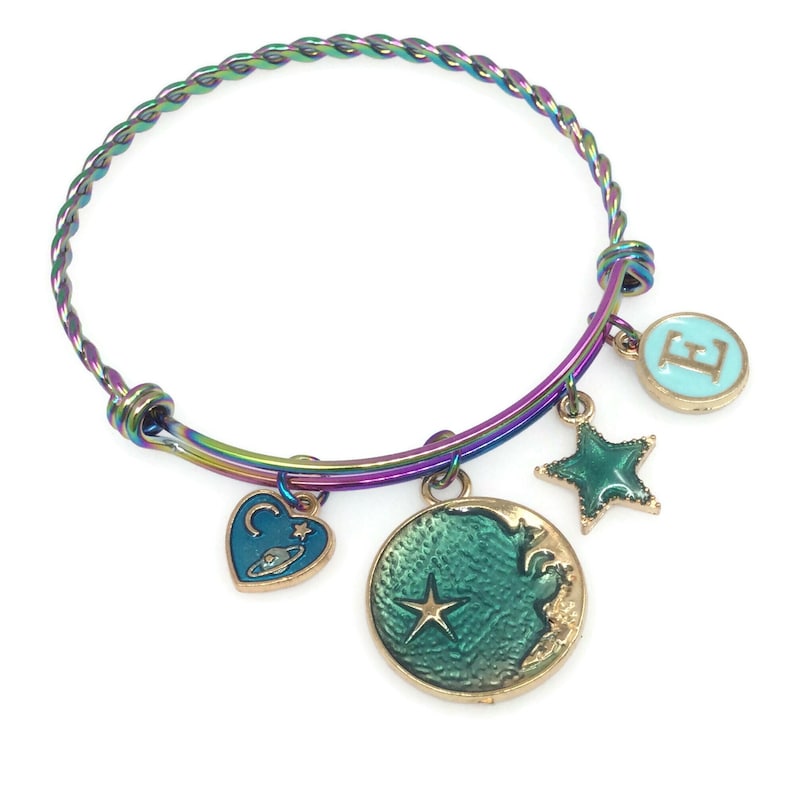 Rainbow Anodised Stainless Steel Adjustable Braided Wire Bangle Bracelet Enamel Beach Heart Star Charms Bracelet
