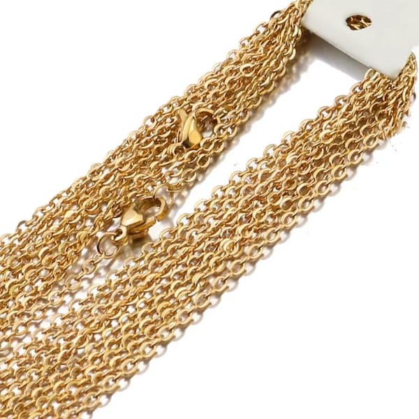 10/50 pcs Gold Plated Stainless Steel Dainty Flat Cable Link Chain Necklace Lobster Clasp for Women 1.6mm Width Options 45/50cm Long