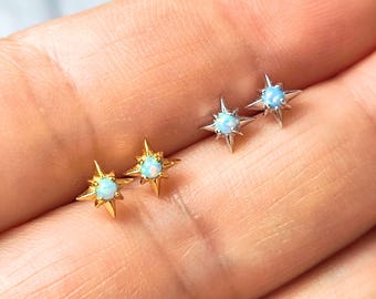 Delicate Starburst Opal Stone Sterling Silver Stud Earrings, Tiny Opal Small North Pole Star Earrings, Celestial Jewelry, Sunburst Earrings
