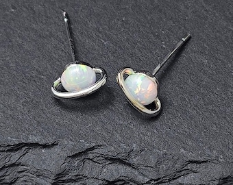 White Fire Opal Saturn Stud Earrings Sterling Silver Post Gold Plated White Opal Planet Stud Earrings Minimalist