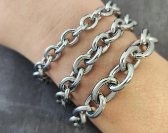 Stainless Steel Oval Link Chunky Cable Chain Bracelet Waterproof Chain Toggle Clasp Bold Rolo Bracelet 8mm, 9mm, 12mm