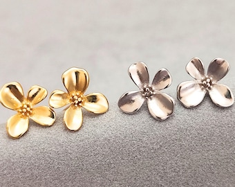 925 Sterling Silver 4 Petals Flower Stud Earrings Floral Blossom Flower Stud Earrings Natural Inspired Stud Earrings Minimalist Earrings