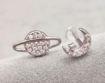 925 Sterling Silver Saturn Moon Stud Earrings Synthetic Glass Crystal Stud Earrings Asymmetric Universe Stud Earrings Minimalist Earrings