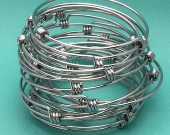 Bulk 50pcs Stainless Steel Adjustable Blank Bangle Bracelet for Jewelry Making, Waterproof Stackable Wire Bangles Wholesale Supplies