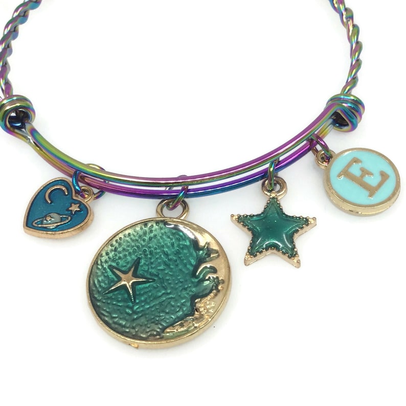 Rainbow Anodised Stainless Steel Adjustable Braided Wire Bangle Bracelet Enamel Beach Heart Star Charms Bracelet