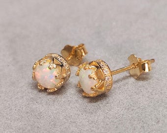 14K Gold Plated Sterling Silver Opal Round Stud Earrings Crown Rim Setting Gold Plated Opal Earrings