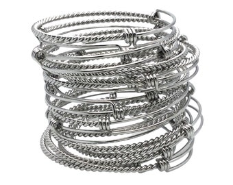 En vrac, 50 pcs, câble métallique réglable en acier inoxydable, bracelet jonc torsadé pour cadeau à faire soi-même pour femme, 60 mm et 65 mm