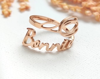 Personalized Tulip Flower Name Ring, Stainless Steel Adjustable Custom Birth Month Floral Jewelry, Unique Mother Day Christmas Gift for Her