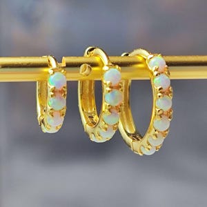 White Fire Opal Huggie Hoop Earrings, White Opal Sterling Silver Earrings, Opal Stone Hoop Earrings Option 6mm, 8mm, 10mm