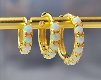 White Fire Opal Huggie Hoop Earrings, White Opal Sterling Silver Earrings, Opal Stone Hoop Earrings Option 6mm, 8mm, 10mm