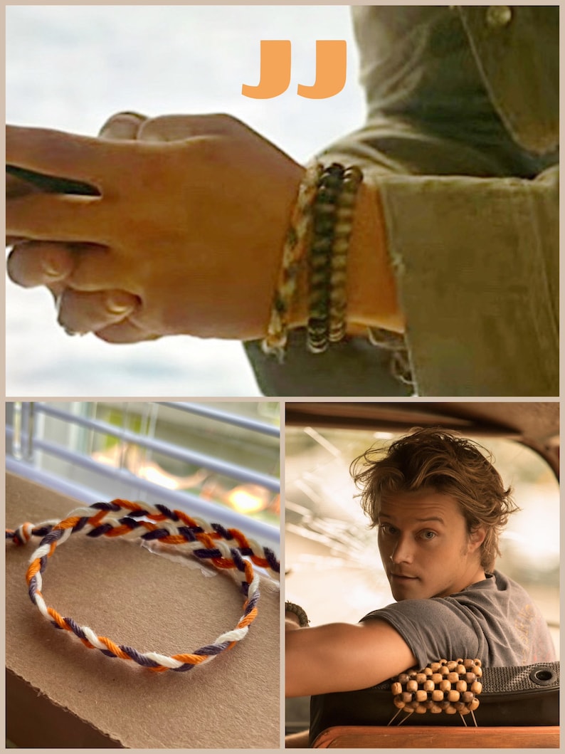 K&ouml;nnte beinhalten: Ein Nahaufnahme eines geflochtenen Freundschaftsarmbands in Wei&szlig;, Orange und Lila. Das Armband liegt auf einer Holzoberfl&auml;che. Das Bild zeigt auch einen Mann, der ein braunes Hemd und mehrere Perlenarmb&auml;nder am Handgelenk tr&auml;gt.
