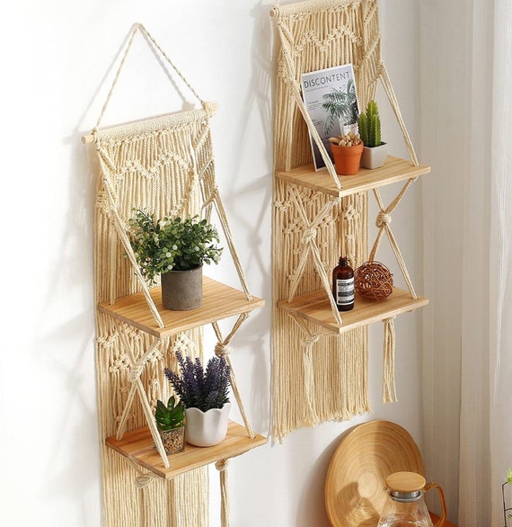 2 Tier Macrame Hanging Shelf Storage Shelf Floating Macrame Shelf