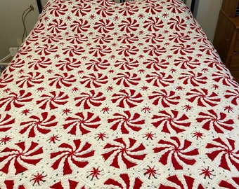 Peppermint Afghan, Red/white handmade, crochet queen size bed cover