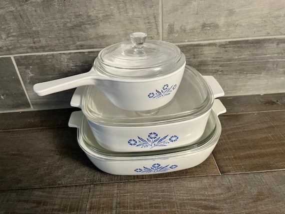 Vintage Corning Ware Blue Cornflower 3 Caseroles With Lid (6 Pcs