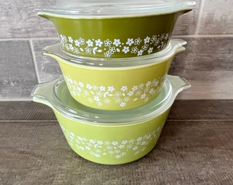 Vintage Pyrex Lime Spring Blossoms Casserole Set with lid (6pcs) 474, 472, 471