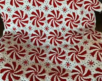 Red, Peppermint Afghan, handmade, crochet