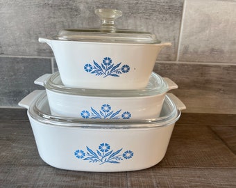 Vintage CorningWare Blue Corn Flowers Casserole with lid set of 3 (6pcs) 12x10x4/ 10X 8.5X3 / 9X 6.5X 3.5 inch