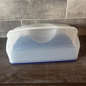 May include: A clear plastic food storage container with a white lid and a blue base. The container is rectangular with a rounded top and is sitting on a wooden surface. The lid has a handle.