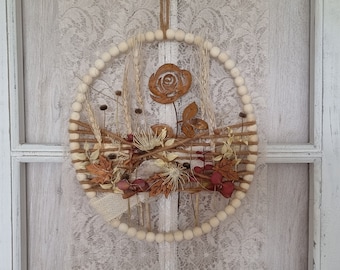 Loop - Holzperlenring "Rose im Garten", 26cm, Boho, in beige, natur, braun, rost und dunkelrot
