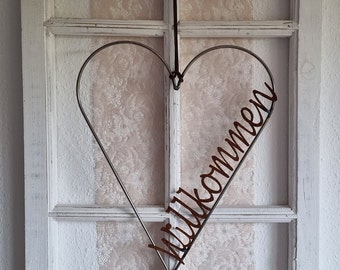 Attraktives Metallherz, 40cm, mit Schriftzug "Willkommen", zum Aufhängen, silber und Rost