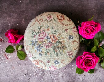 Victorian - c1880 -  Old Antique Mahogany Footstool with Cross Stitch Top 11 1/2 ” Diameter- Good Condition Foot Stoo;