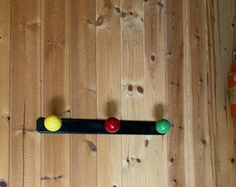 Wall Mounted Coat Pegs / Coat Rack / Hat Pegs with Multi Coloured Ball Pegs - Retro  - French 1960s Vintage 18”w - Kids Room