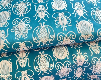 Poplin Mosca white beetles on turquoise 0.5 m (design purple Lotta)