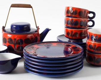 Service à thé par Wächtersbach, années 60, Ursula Fesca, céramique, rouge bleu, 6 personnes, millésime